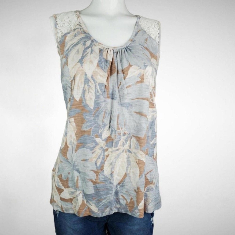 Tommy Bahama Tropical Leaf Print Top Blue Tan Lace‎ Crochet Shoulder Tank XL
